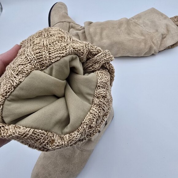 Tan Faux Suede Slouch Knee High Boots With Knit Cuffs Buckle Strap Detail Casual - Picture 4 of 9